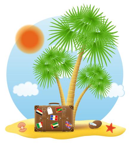 Maleta de pie bajo una ilustración de vector de árbol de Palma