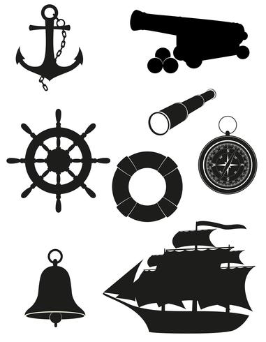 conjunto de mar antiguos iconos vector ilustración negro silueta