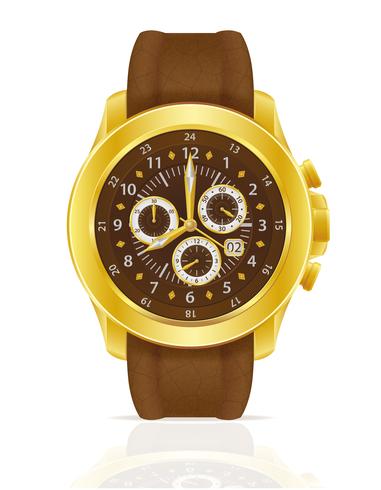 Reloj de pulsera mecánico dorado con ilustración de vector de correa de cuero