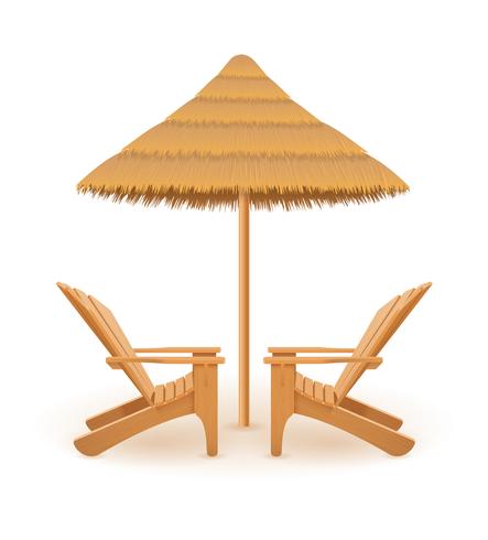 silla de playa tumbona tumbona de madera y sombrilla hecha de paja y caña ilustración vectorial vector