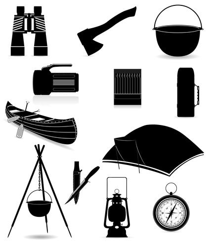 configurar los elementos de los iconos para la recreación al aire libre ilustración vectorial silueta negra vector