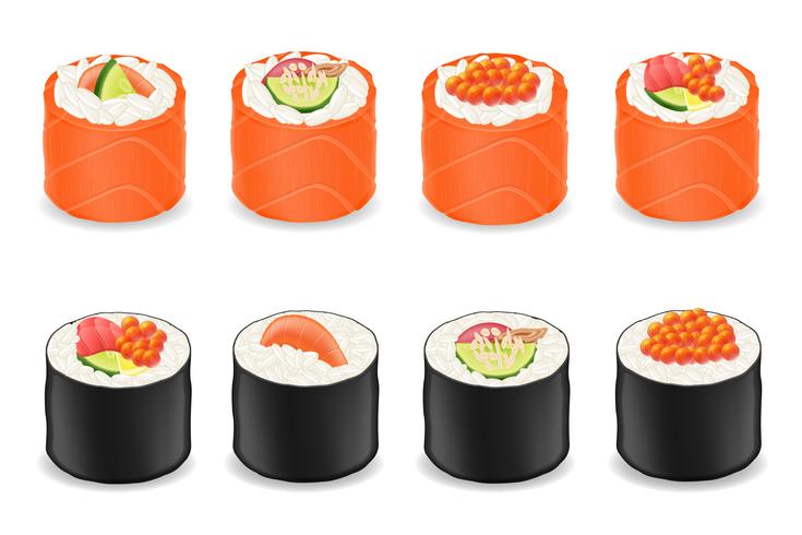 sushi rolls in red fish and seaweed nori vector illustration