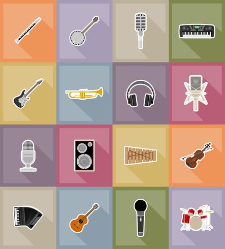 Ilustración de vector de iconos planos de equipo y artículos de música