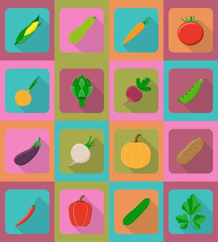 Iconos planos de verduras con la ilustración de vector de sombra