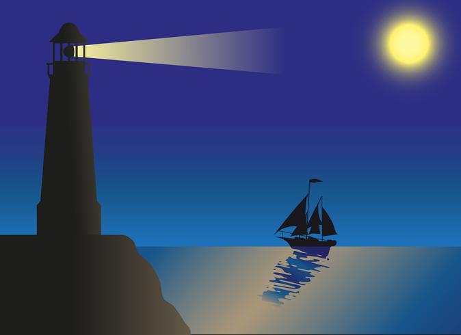 Faro de silueta contra el cielo y el mar. vector