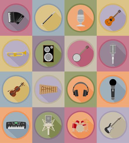 Ilustración de vector de iconos planos de equipo y artículos de música