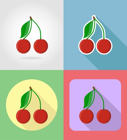 Cerezas frutos planos set iconos con la ilustración de vector de sombra