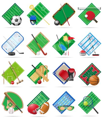 establezca el patio del estadio y campo de juego para los iconos planos de los juegos deportivos ilustración vectorial vector