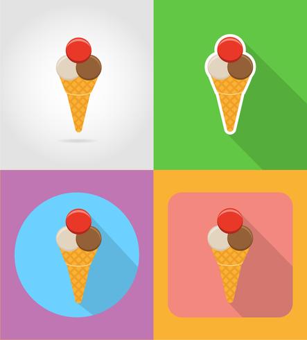 Iconos planos de comida rápida de helados con la ilustración de vector de sombra