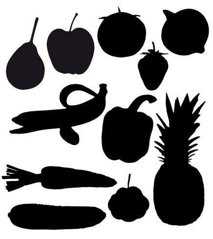 Las frutas y verduras son siluetas negras. vector