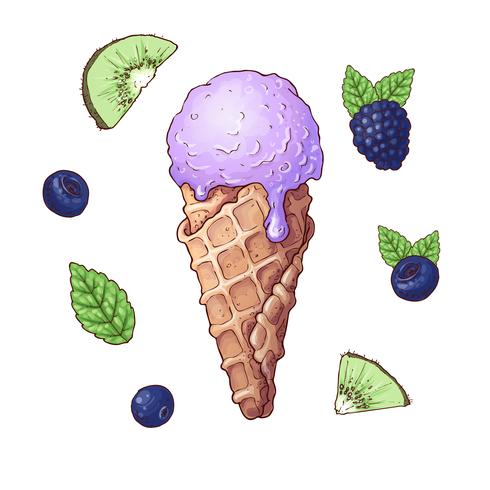 Juego de helado con frutas incluyendo mora, kiwi, arándano vector