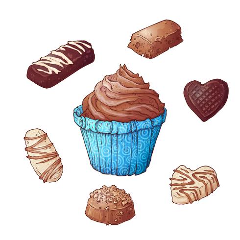 Set of cupcakes chocolates, hand drawing. Vector