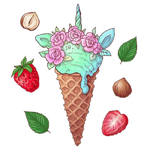 Set berries ice cream nuts. Vector illustration. Hand drawing