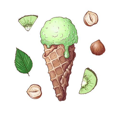 Set of kiwi nuts ice cream. Hand drawing. Vector illustration