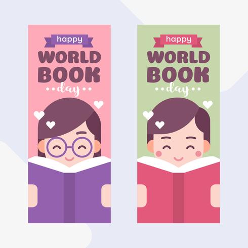 Cute kids reading a book. Boy and Girl. World Book Day Cartoon Vector Illustration