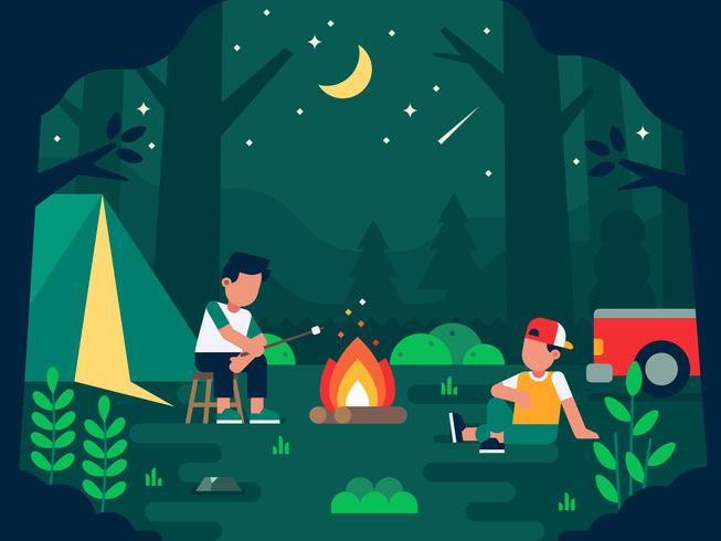 Ilustración de personas acampando con dos personajes humanos que tienen descanso al aire libre en el medio ambiente salvaje en la noche vector ilustración plana