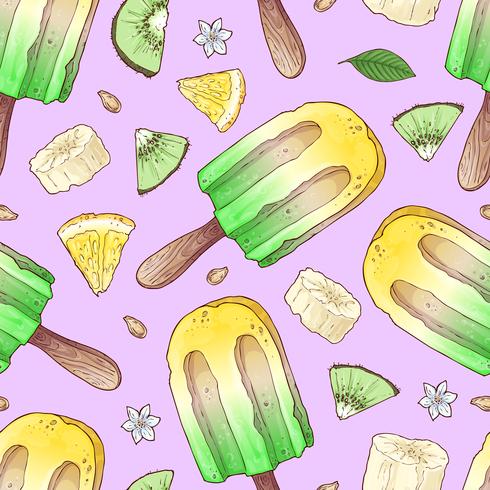 Seamless pattern ice cream banana lemon kiwi. Hand drawing vector illustration