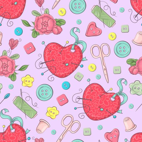 Seamless pattern of mannequin sewing accessories. Hand drawing. Vector illustration