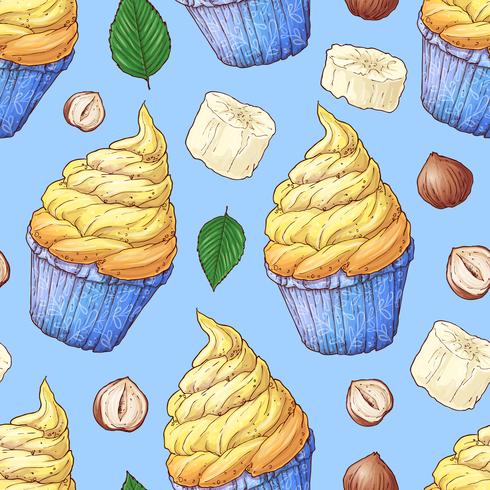 Hand drawn vector illustration - Collection ofcupcake. Seamless pattern.