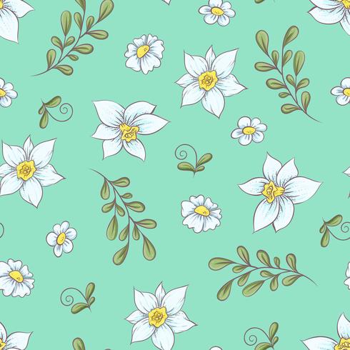 Seamless pattern daffodils. Hand drawing vector illustration