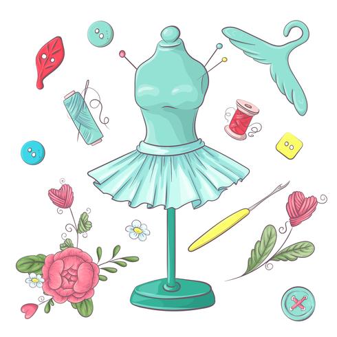 Set of mannequin sewing accessories. Hand drawing. Vector illustration