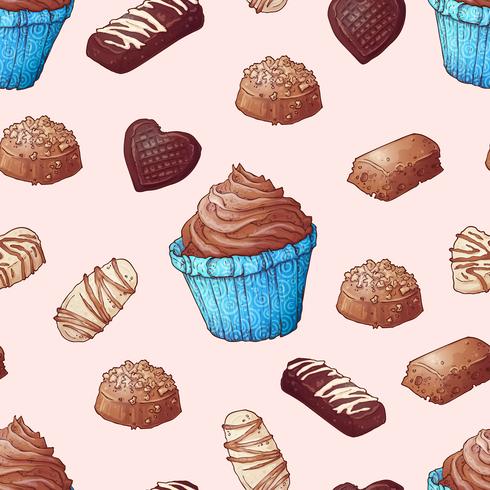 Seamless pattern of cupcakes chocolates hand drawing. Vector