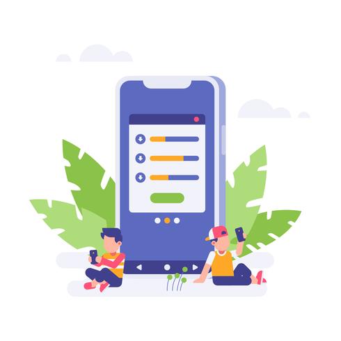 People waiting for download finished with big smartphone and leaf background. landing page flat illustration vector