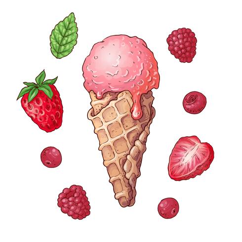 Conjunto helado de fresa frambuesa y cereza. Dibujo a mano. Ilustración vectorial vector