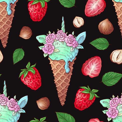 Seamless pattern ice cream strawberry nuts. Vector illustration. Hand drawing