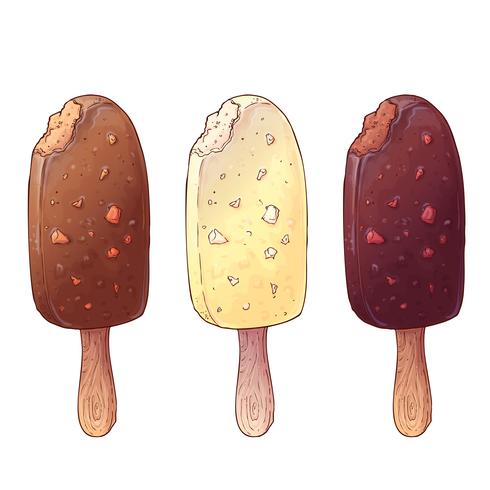 A set of three types of ice cream. Hand drawing. Vector illustration