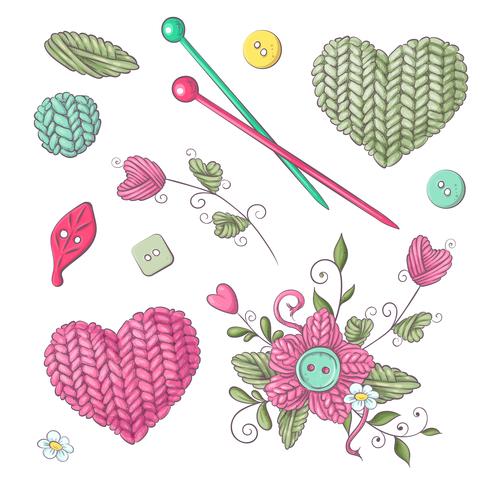 A set of knitted clothes clew knitting needles. Hand drawing. Vector illustration