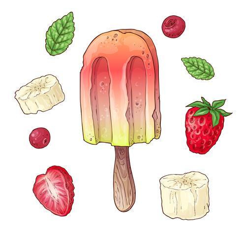 Set de helado de frambuesa cereza y plátano. Dibujo a mano. Ilustración vectorial vector