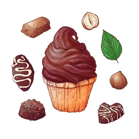 Conjunto de chocolates cupcakes a mano dibujo. Vector