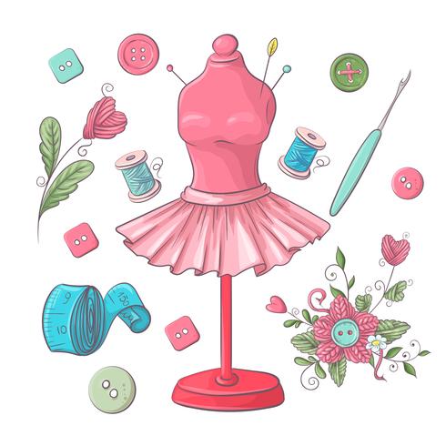 Conjunto de accesorios de costura maniquí. Dibujo a mano. Ilustración vectorial vector