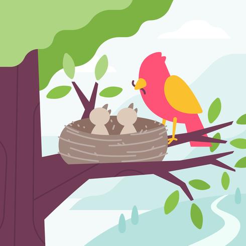 Bird Feeding Chicks with worm in the tree nest. Vector Flat Cartoon Illustration
