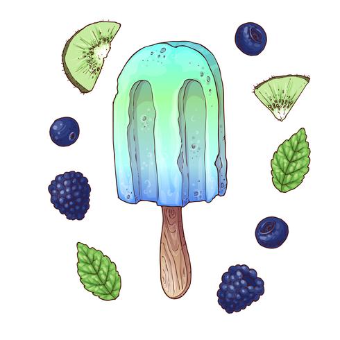 Set ice cream blueberry blackberry kiwi. Vector illustration. Hand drawing