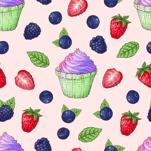 Seamless pattern cupcakes strawberry, blueberry, blackberry vector