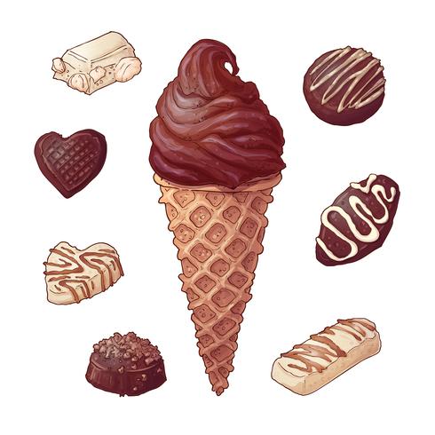 Set ice cream chocolate nut, hand drawing. Vector illustration