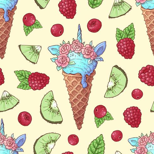 Seamless pattern ice cream kiwi raspberry cherry. Vector illustration