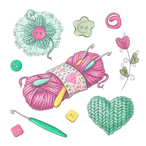 Set for handmade knitted flowers and elements and accessories for crocheting and knitting vector