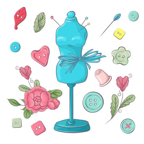 Set of mannequin sewing accessories. Hand drawing. Vector illustration