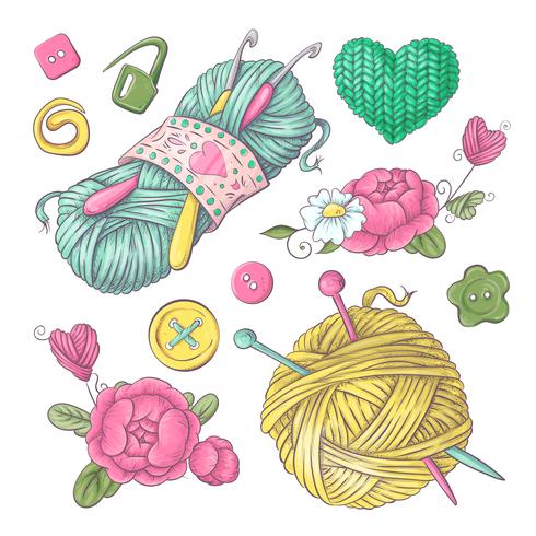 Set for handmade knitted flowers and elements and accessories for crocheting and knitting vector