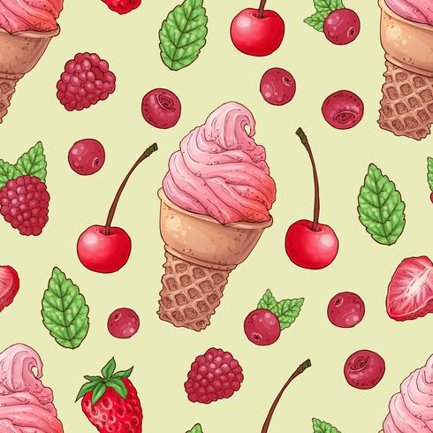 Seamless pattern ice cream raspberry cherry. Vector illustration