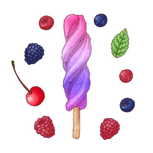 Blackberry ice cream set raspberry cherry, hand drawing. Vector illustration