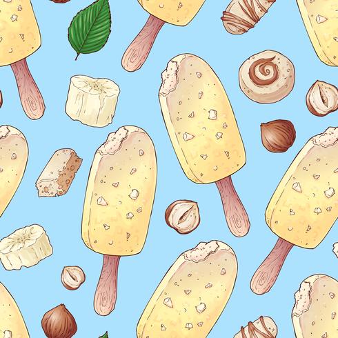 Seamless pattern ice cream fruit nuts. Vector illustration. Hand drawing