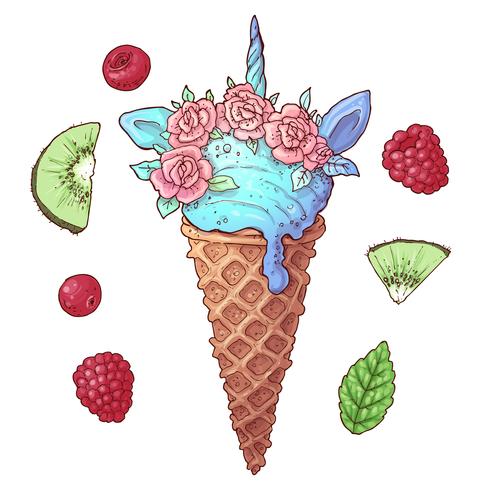 Set ice cream unicorn kiwi raspberry. Vector illustration. Hand drawing