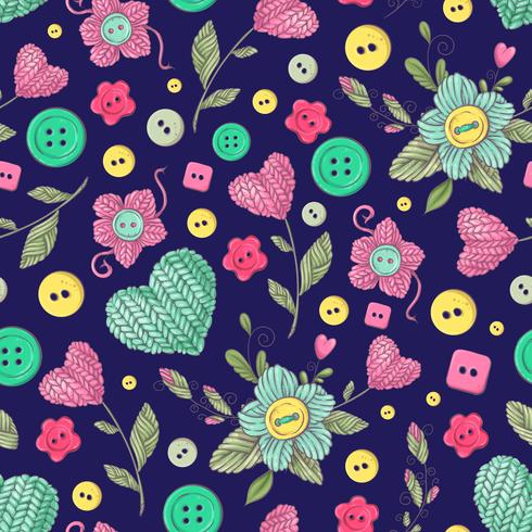Seamless pattern handmade knitted flowers and elements and accessories for crocheting and knitting vector