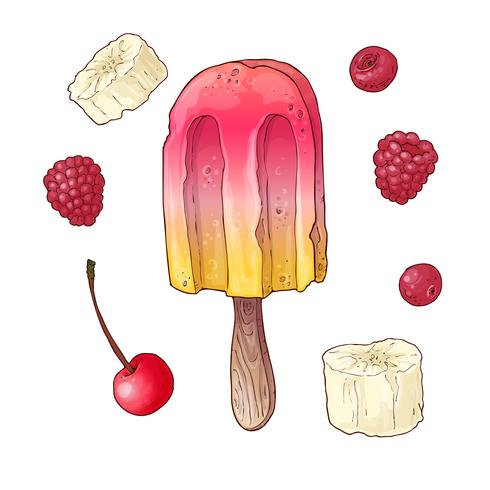 Conjunto de helado a base de frutas frescas, paleta de plátano frambuesa y cereza vector