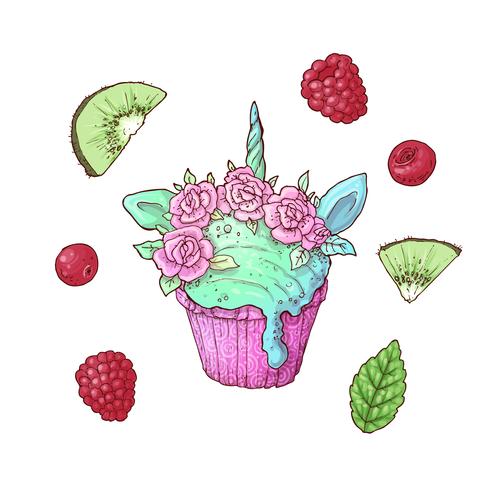 Set ice cream unicorn kiwi raspberry. Vector illustration. Hand drawing