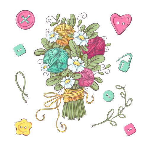 Conjunto para flores y elementos de punto hechos a mano y accesorios para crochet y tejido. vector